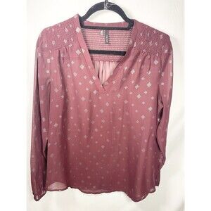 Maurice’s Maroon Silver Long Sleeve Sheer Blouse w V Neck Elastic Sleeves Size M